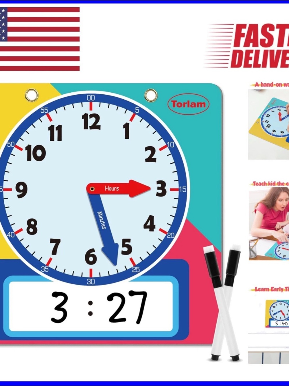 Kids Learning Clock Board - Turquoise Educational Time Teaching Tool